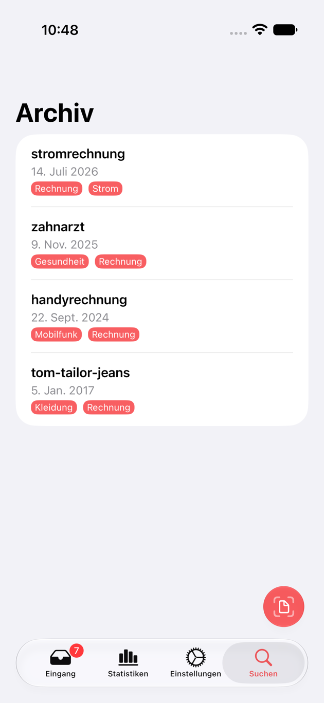 Dasselbe Archiv auf einem iPhone, mit Dokumenten samt Datum und Tags