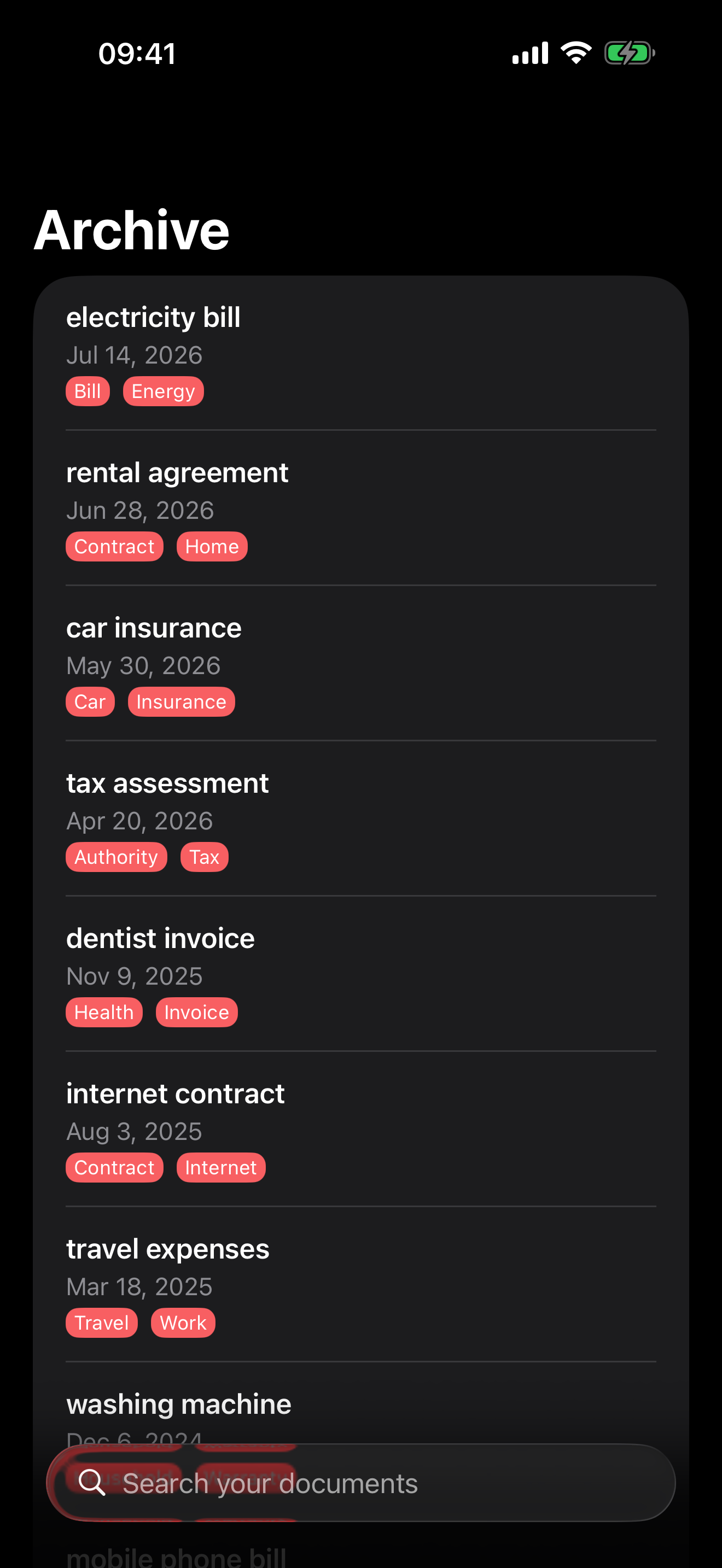 The PDF Archiver archive on an iPhone, listing documents with their dates and tags