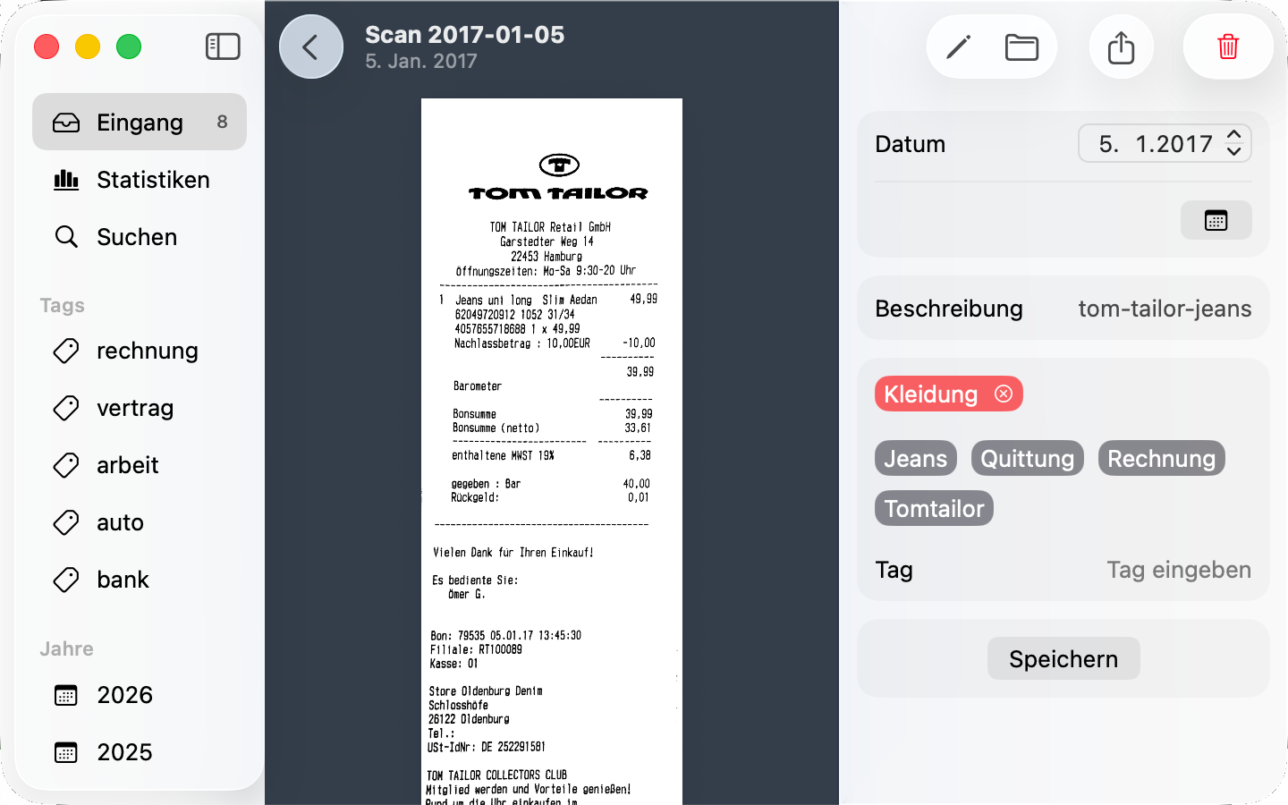 Ein gescannter Beleg wird am Mac getaggt: das Dokument neben Datum, Beschreibung und Tags